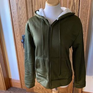 AQ Sport, Junior, Large, Sherpa lined, Army Green Casual, Hoodie Jacket. NWT.